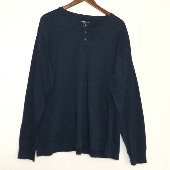 Lands’ End Henley Mens XL Navy Blue Super Tee Long Sleeve Cotton - Picture 2 of 9